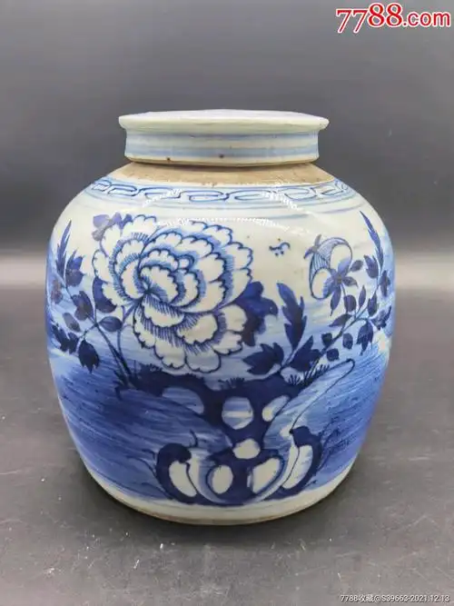 清代青花洞石牡丹纹罐