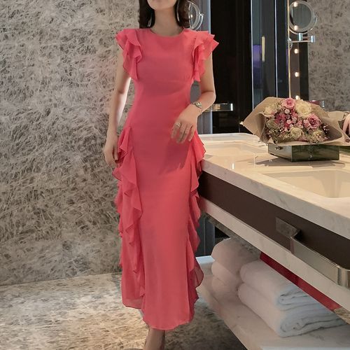 玫红色雪纺连衣裙长款流行女装新款很仙的裙子收腰荷叶边长裙夏季