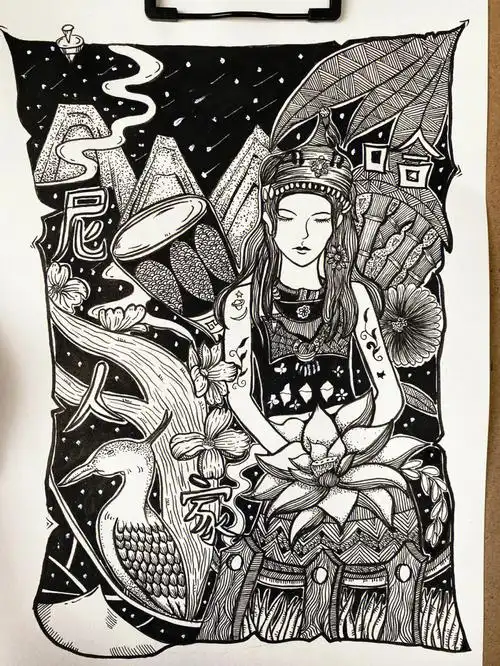 黑白装饰画民族人物