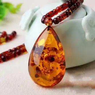 可颖花珀水滴吊坠琥珀项链风景男女民族风毛衣链配饰挂坠长款礼a款