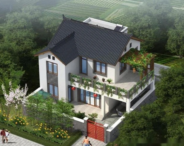 中式独栋带庭院小别墅设计图闲逸感十足