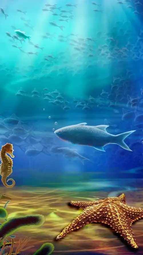 底部的海洋动物,鱼,海星,珊瑚,水,绘画艺术 iphone 桌布