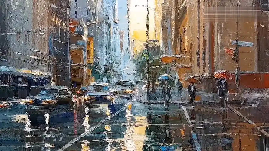 刮刀油画,雨后的城市街道,雨后的感觉都画出来了