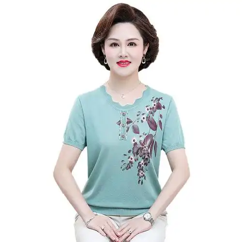 琼斯维格夏装新款短袖针织衫女中老年女装冰丝上衣半袖t恤