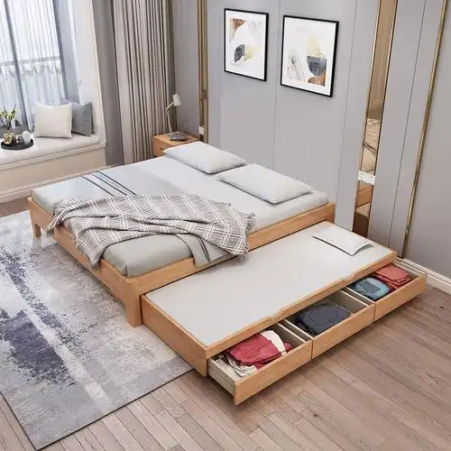 无床头榻榻米床子母床拖床储物抽屉床榉木实木床抽拉床可分可合床