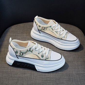 酷奇新款女款夏季厚底内增高女鞋镂空透气帆布鞋子运动板鞋 白色 34