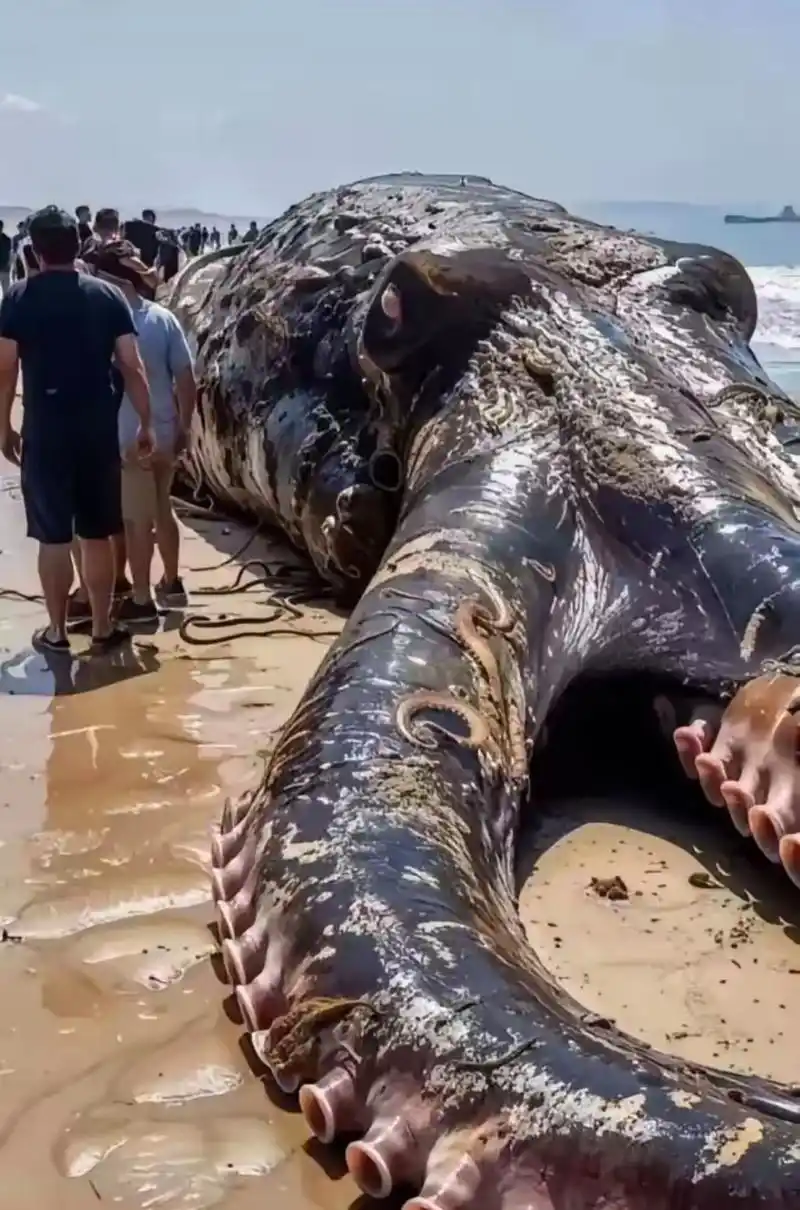 美国西海岸,一只巨大的大王乌贼搁潜在沙滩上,这只大王乌贼体型朋大