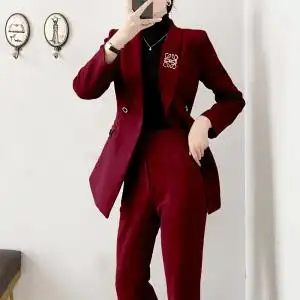 高档酒红色西装套装女时尚气质名媛职业通勤高级裤装两件套春秋款