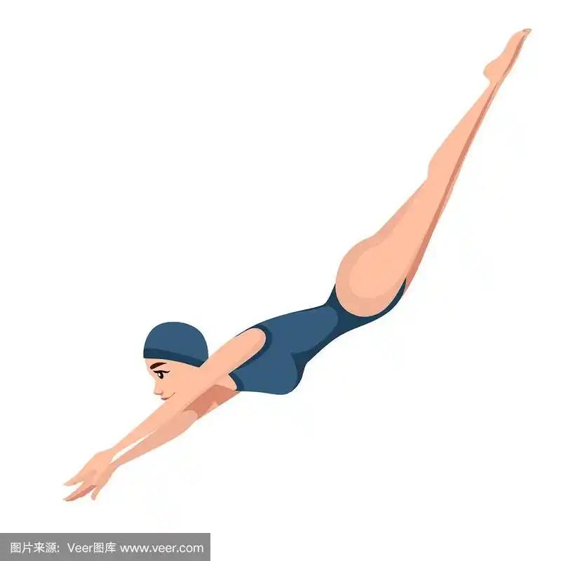 运动员女子在蓝色泳衣跳水卡通人物设计平面矢量插图在白色的背景