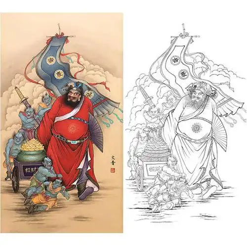 於文普竖幅工笔人物钟馗白描底稿五贵运财多种白描尺寸可选wp36