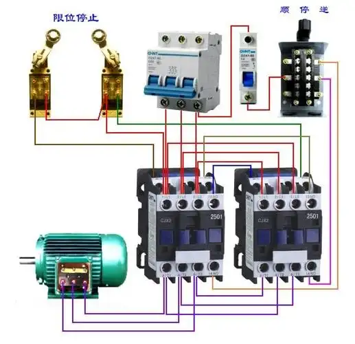 用一个到顺开关 2个380v的交流接触器和2个行程开关怎么让三相电机