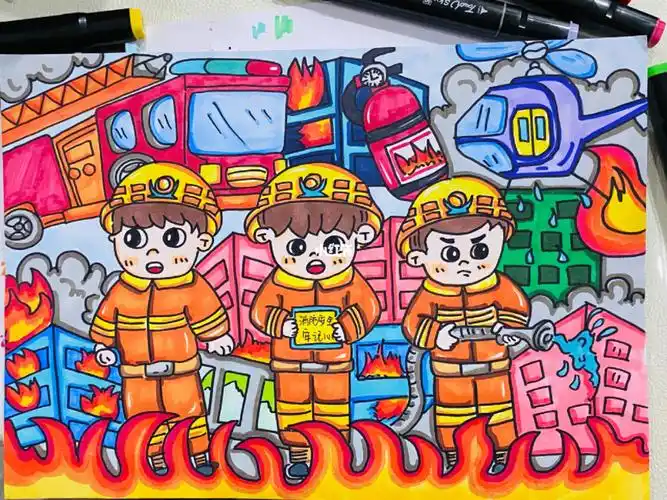 儿童画  #消防安全  #职业  #消防员  #灭火  #消防安全主题画