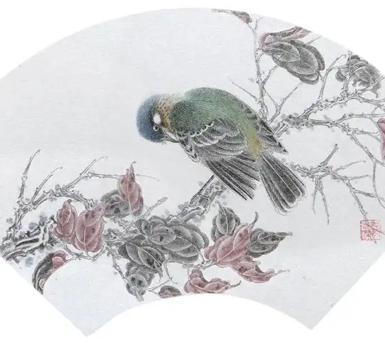 作品名称  花鸟2 作者名称  刘光杰 作品尺寸  团扇 作品质地  工笔