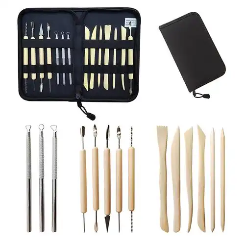 跨境陶艺工具14件套装软陶泥塑粘土刮刀雕刻刀铝棒双头造型工具包