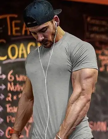 欧码纯单色健身男士圆领运动训练紧身棉t恤肌肉短袖 老蓝 m