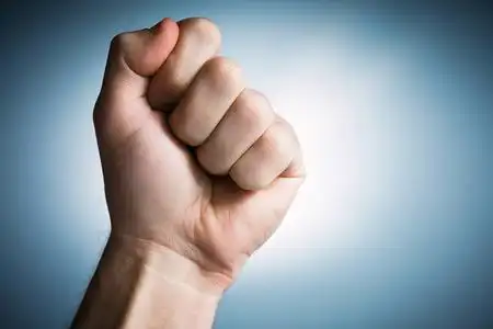 攥紧的拳头在抗议活动举行照片