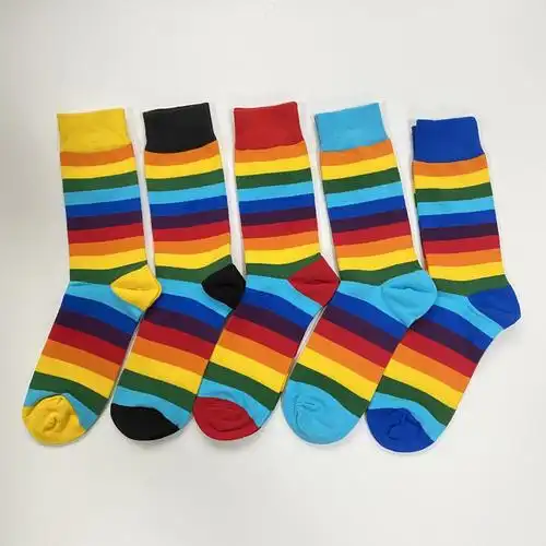 跨境亚马逊ebay男士中筒棉袜子彩色粗条纹袜子彩虹条纹大码男女袜