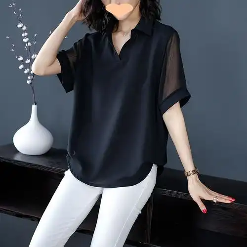 2024夏季新款雪纺衫黑色短袖v领打底上衣遮肚大码女装韩版衬衣女