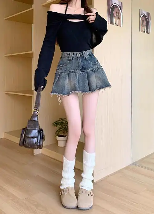 复古做旧毛边牛仔半身裙女夏季新款半裙辣妹百褶裙子高腰a字短… - 17