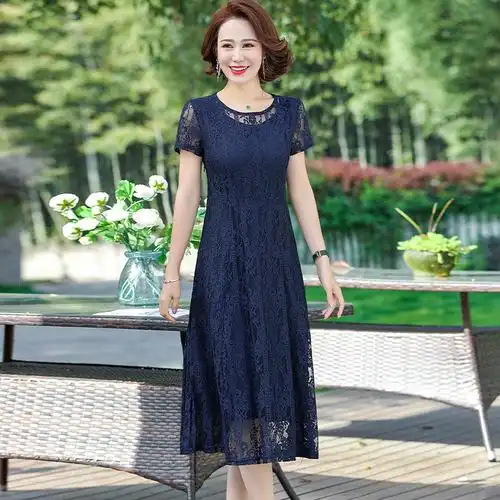 妈妈气质连衣裙中年女夏装新款40岁50高贵纱网中老年短袖过膝裙子
