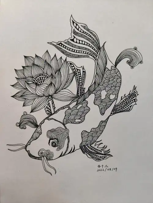 控笔day54锦鲤鱼黑白线描过程