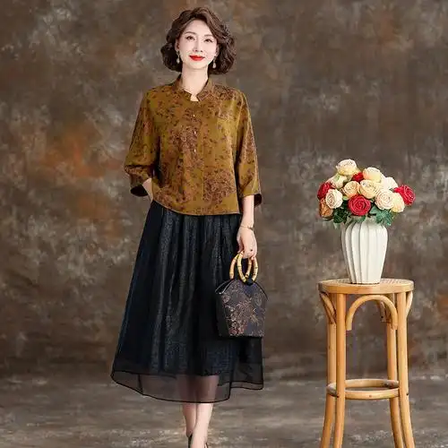国际品牌香云纱上衣女2024春夏新款立领宽松大码桑蚕丝真丝衬衫
