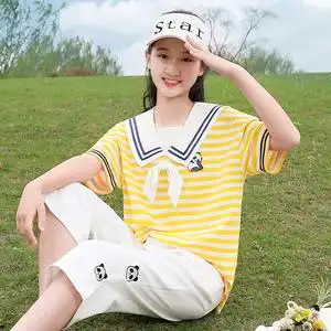 初中生套装女夏季学生条纹短袖七分裤两件套少女夏装14岁女孩t恤