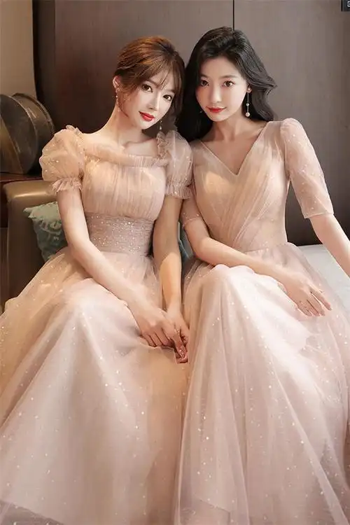 粉色伴娘服新款夏季仙气质显瘦简约婚礼姐妹团晚礼服裙女春秋