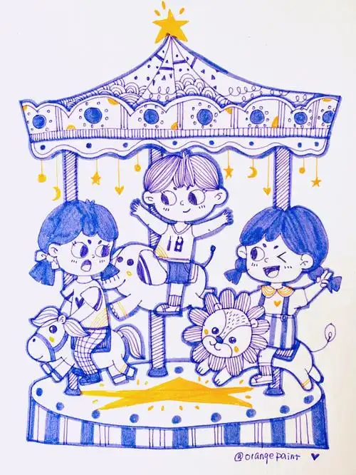 零基础手绘旋转木马游乐场涂鸦简笔画
