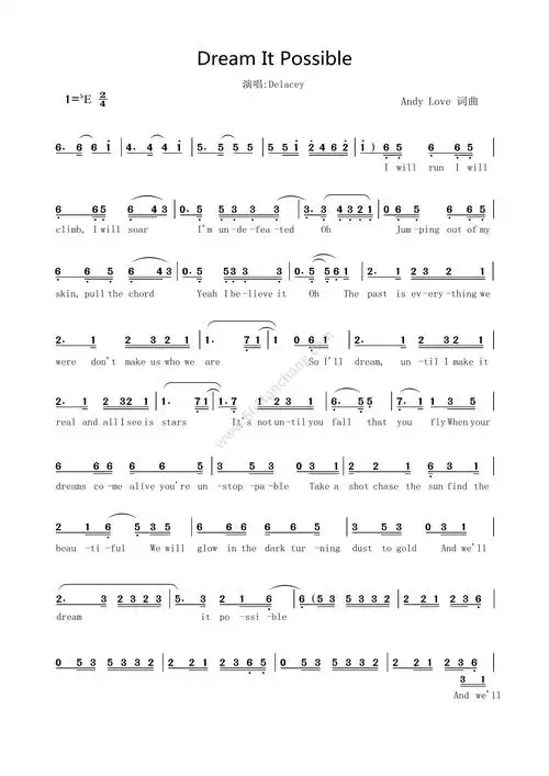 歌曲简谱dreamitpossibledelacey原版歌谱我的梦英文版高清简谱流行