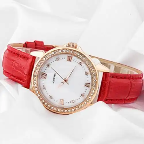 真皮女表皮带手表女防水石英表韩版时尚潮流水钻女学生时装表