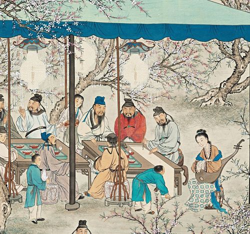 夏荆山桃李夜宴图画芯仿古文人聚会画真迹复制人物装饰临摹