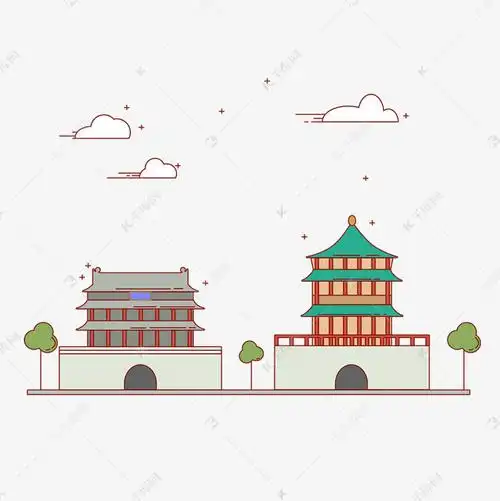 线描西安旅游钟鼓楼