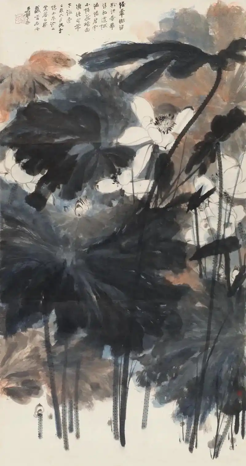 六百年来一大千之:张大千(1959年作品)《池上芙蓉》设色纸 - 抖音