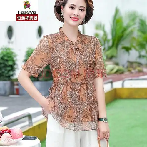 夏季新款中老年女装真丝短袖妈妈夏装t恤中年40-50岁上衣服高档妈妈装