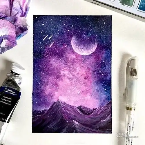 水彩夜晚星空画法教程初学者颜料画星空素材