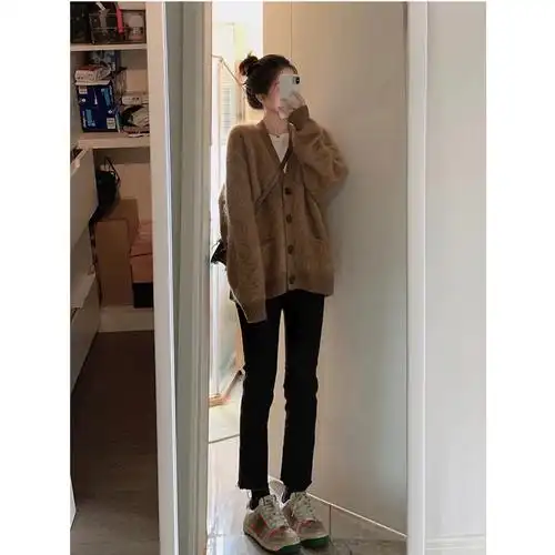 咖色毛衣外套黑色裤子两件套chic港风复古网红炸街小个子休闲套装