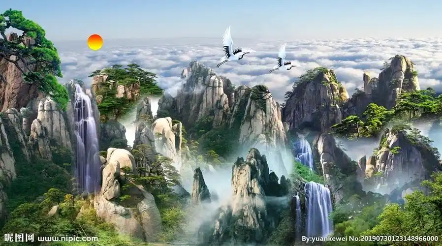 迎客松松鹤背景墙图片