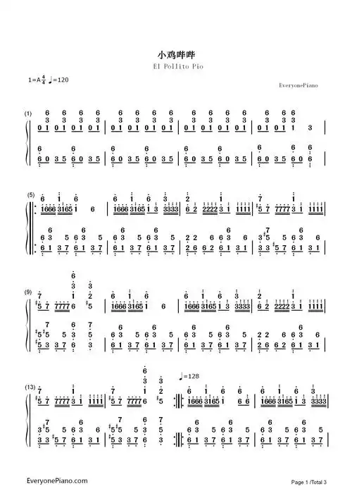 小鸡哔哔-el pollito pio双手简谱预览1-钢琴谱文件(五线谱,双手简谱