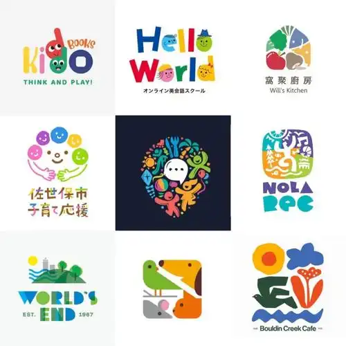 多元素组合成整体化的logo符号,这类设计辨识度高,色彩搭配组合,运用