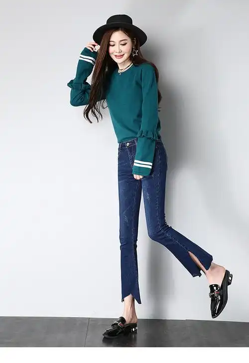 弹力牛仔裤_春夏毛边开叉女裤修身微喇九分裤学生显瘦弹力 - 阿里巴巴