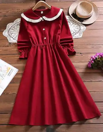 jn红色连衣裙新年连衣裙2022新款学院风娃娃领长袖连衣裙女设计感气质