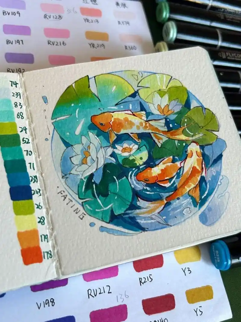 手绘步骤 今日30min马克笔速写,画一汪池塘来消消暑,大家可以把你们