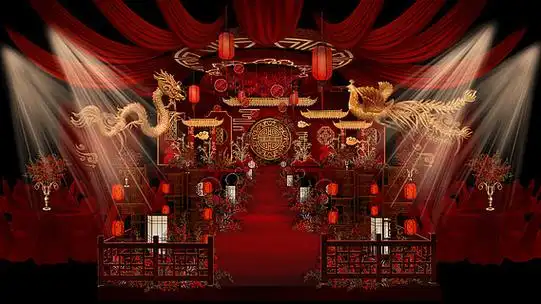 森系韩式纱幔吊顶透明t台婚礼效果图红蓝撞色浓墨中国风国潮新中式