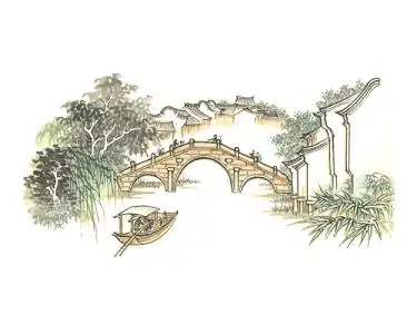 山水风景水墨插画江南水乡水墨水乡psd素材江南水乡水墨插画彩色手绘