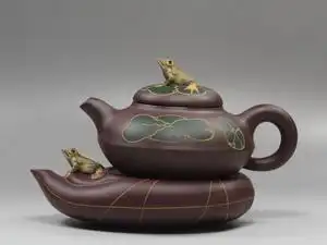 紫砂壶许彩云制120目紫泥原矿紫泥荷塘月色荷叶青蛙合欢套壶茶壶