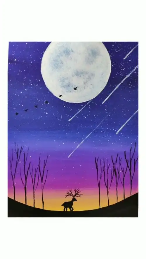 星空麋鹿,水粉画,超级简单,负基础也可以学会画的