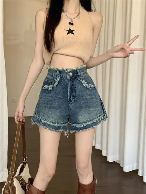 薄款牛仔短裤女ins直筒高腰阔腿a字辣妹小个子毛边复古超短热裤夏