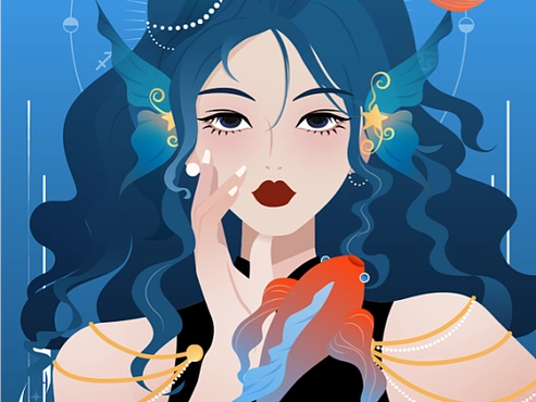 矢量时尚十二星座女孩插画|双鱼座