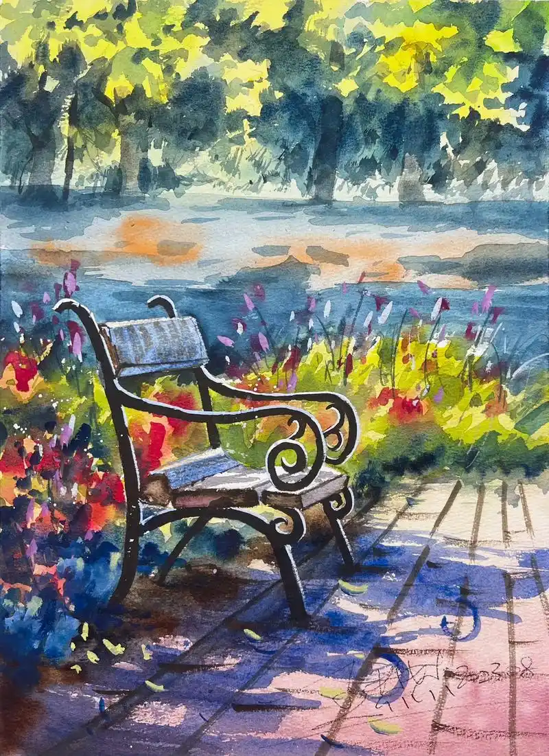 公园一角|水彩画.#水彩 #画画 #手绘 #一起学画画 #风 - 抖音